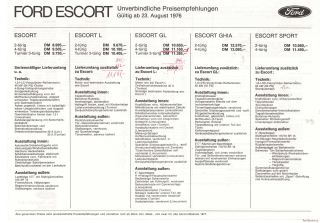 Ford Escort 1976 Preisempfehlung (Prospekt)